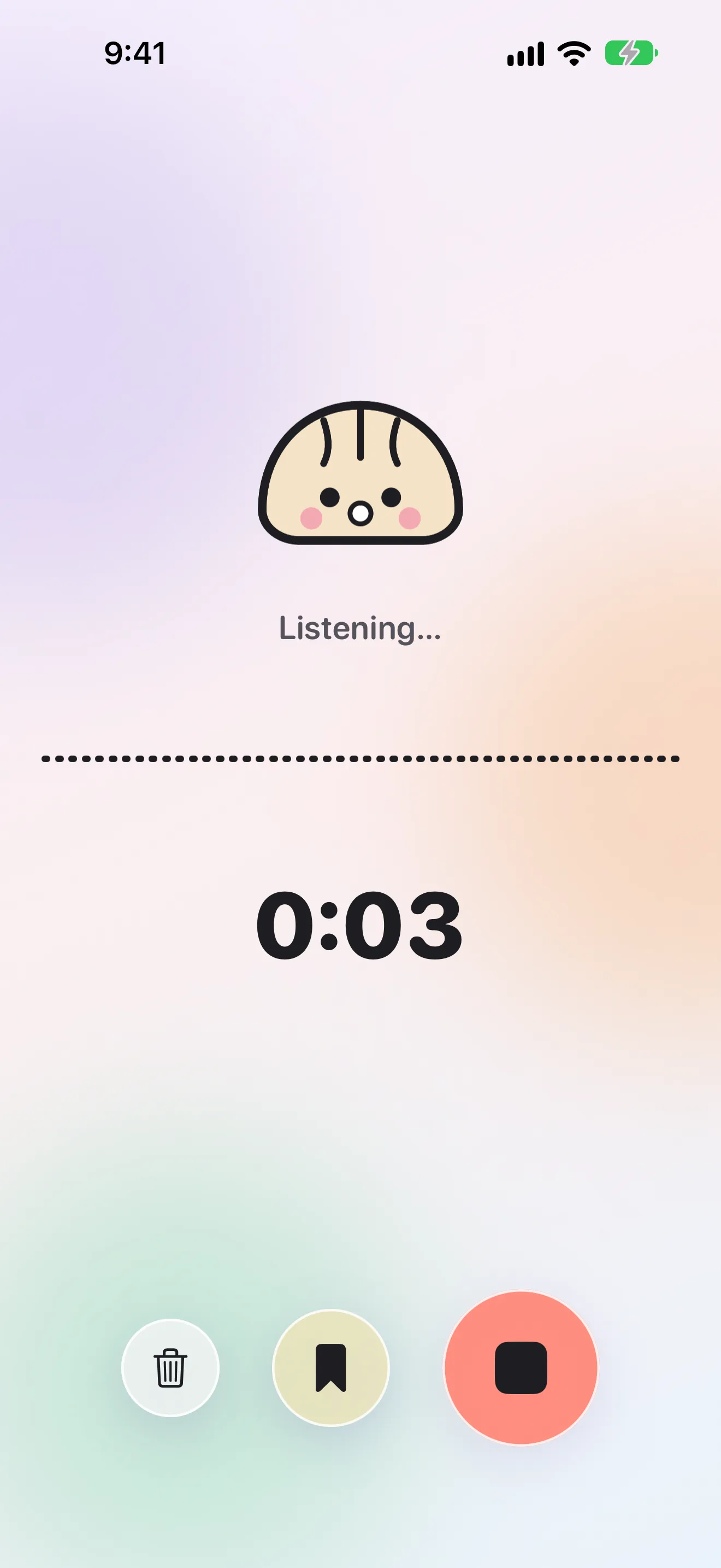 Dumpling recording a voice note with the listening mascot