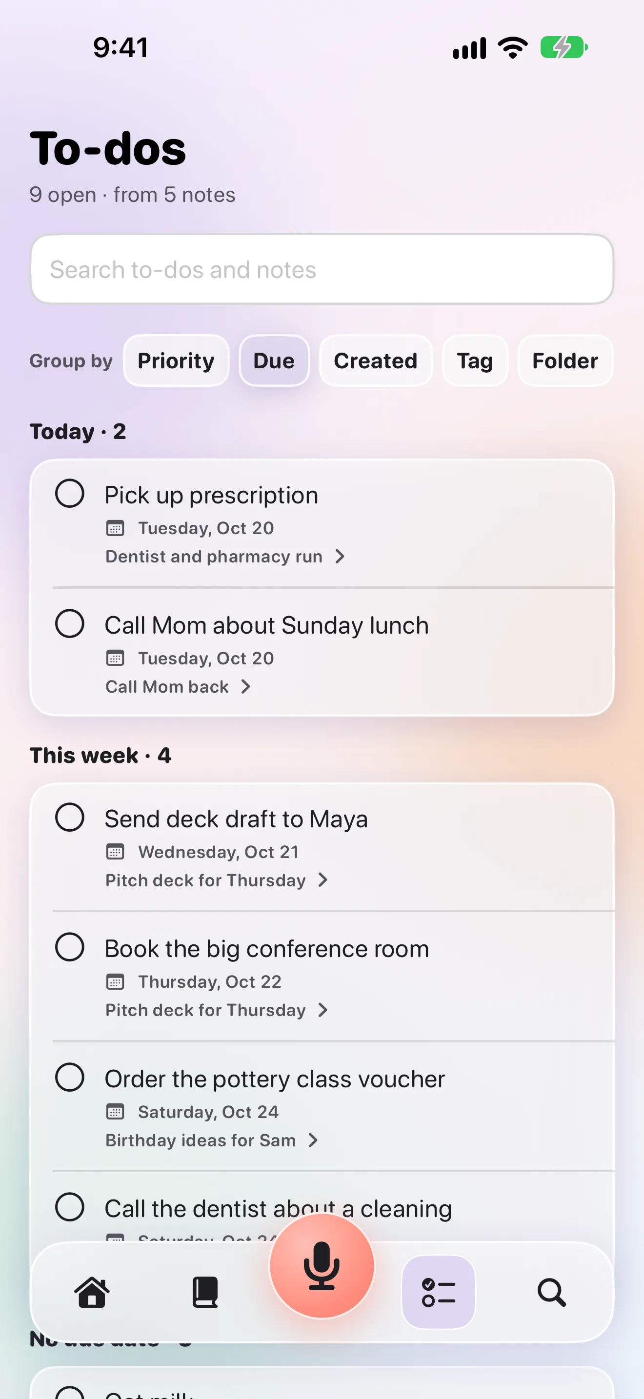 To-dos grouped by due date in Dumpling
